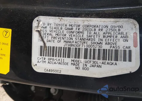 2001 Lexus Ls 430 z USA, uszkodzony, nr VIN JTHBN30F710005230